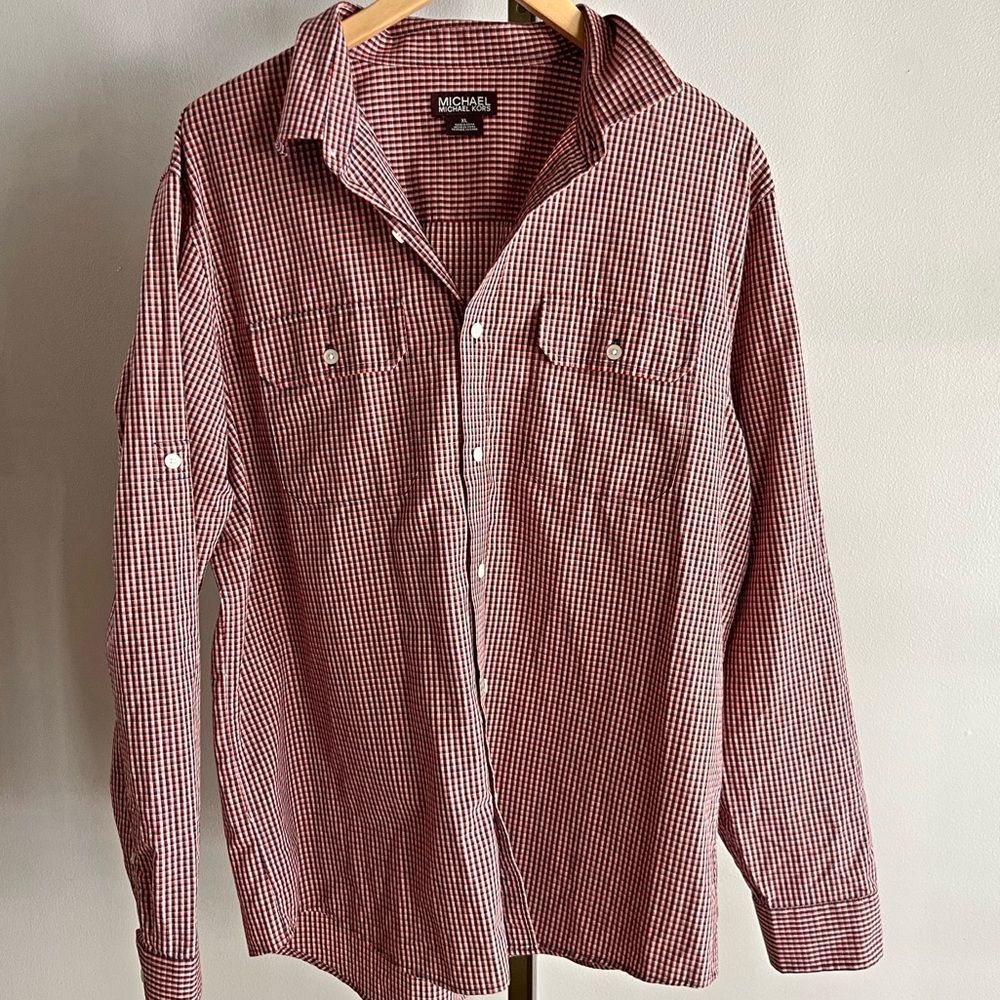 Michael Kors Men’s Red Navy Check Plaid Cotton Button Shirt XL Classic